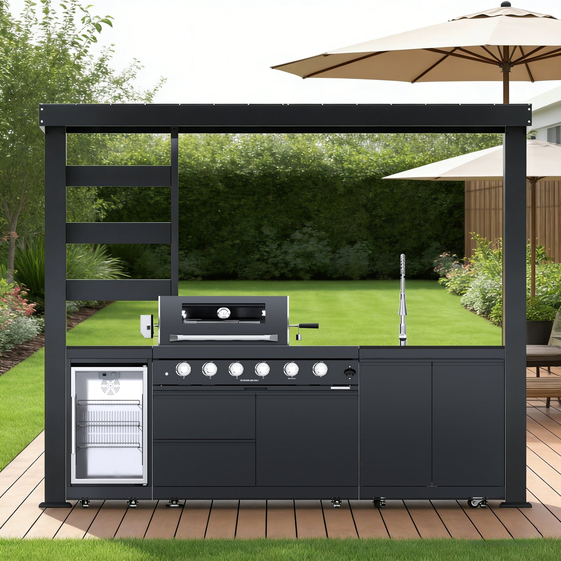 110-Inch Deluxe Stainless Steel Gas Outdoor Kitchen Grill with built-in fridge on Tampa Home & Garden Store