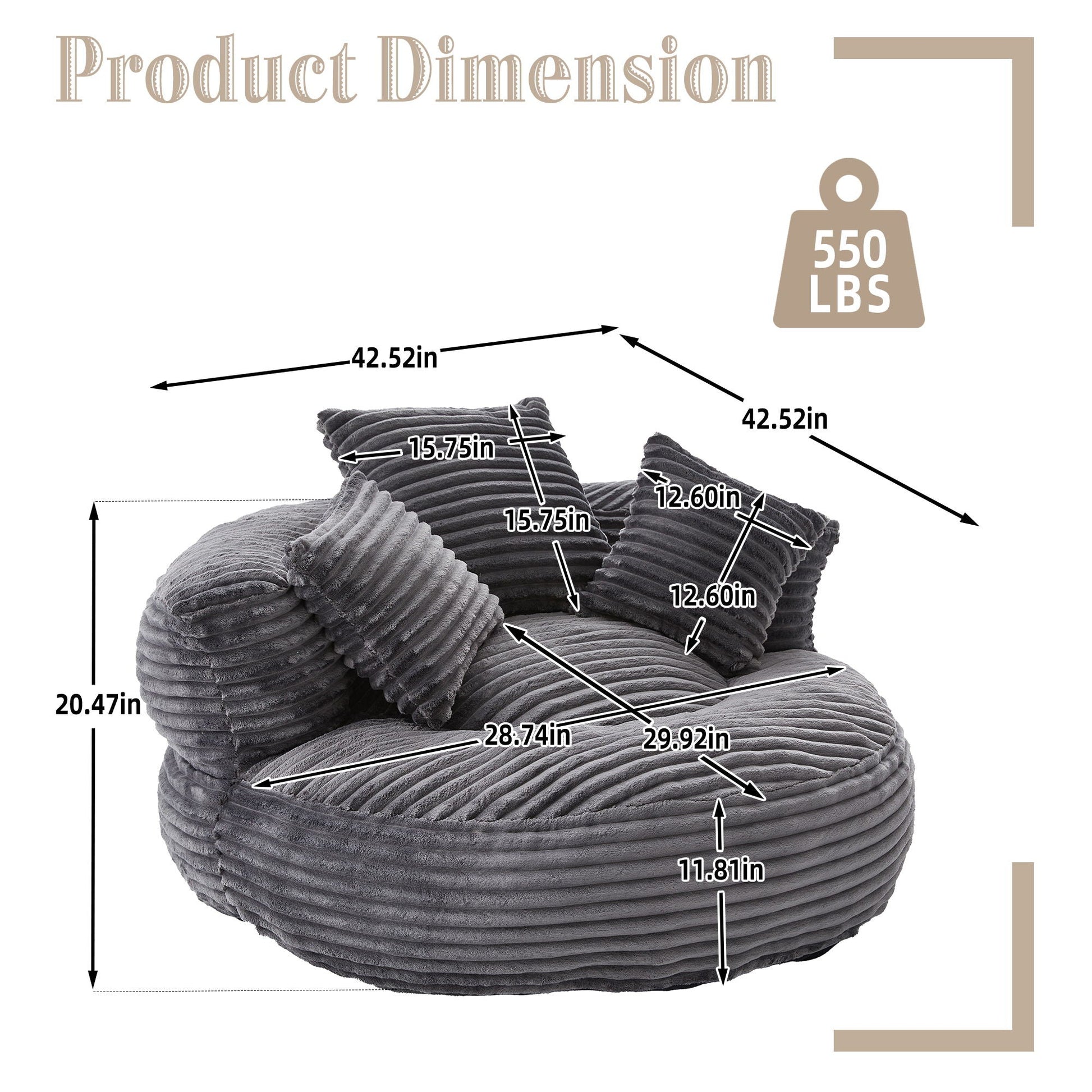 Oversized bean bag chair by HouseOfZazla in dark gray with 3 pillows and armrest on Tampa Home & Garden Store
