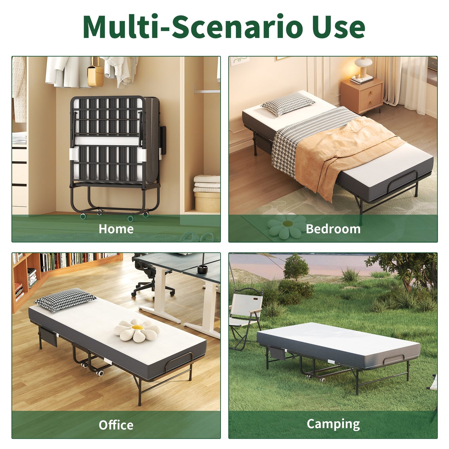 75 Inch folding bed with 5 inch memory foam mattress, black metal frame, HouseOfZazla portable guest bed on Tampa Home & Garden Store