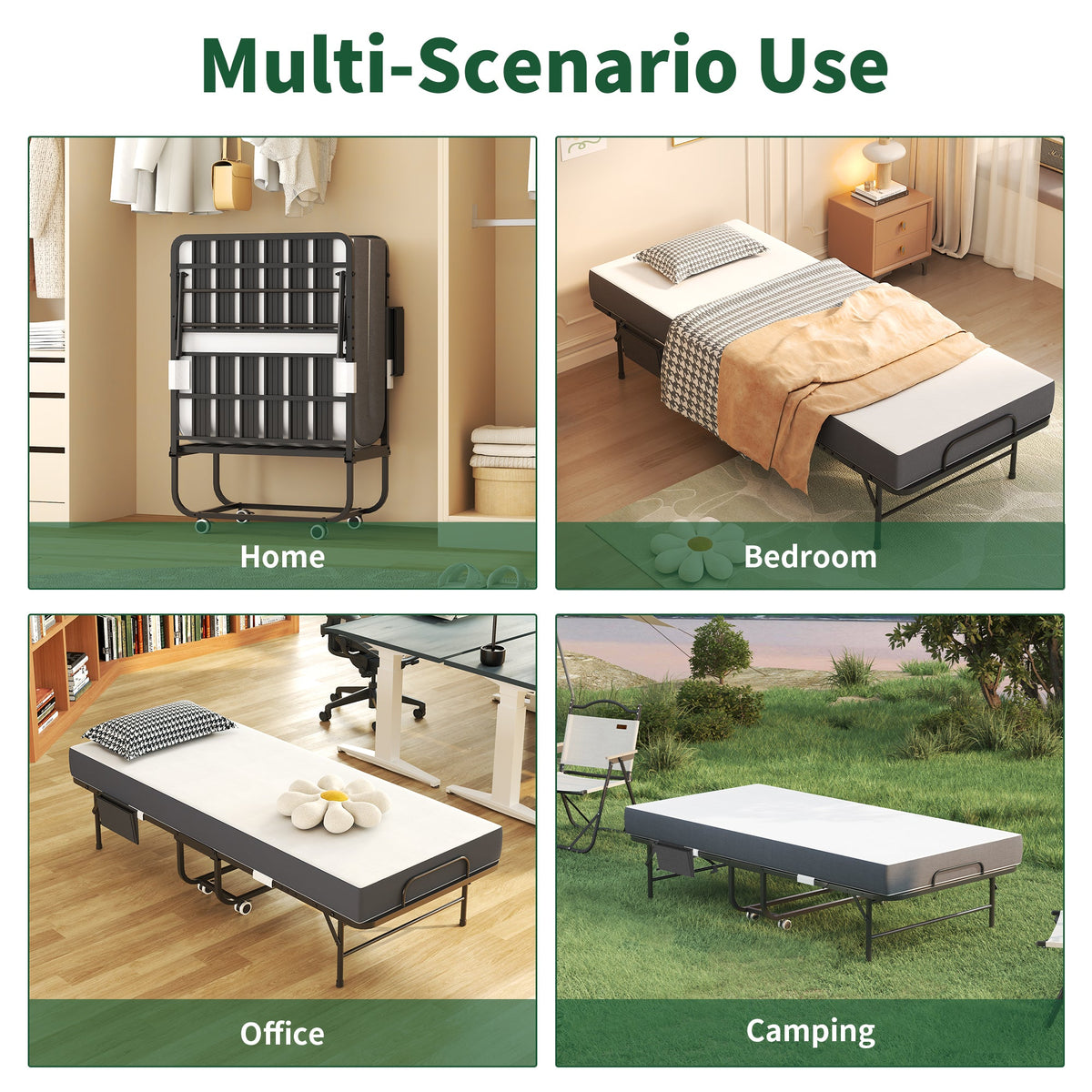 75 Inch folding bed with 5 inch memory foam mattress, black metal frame, HouseOfZazla portable guest bed on Tampa Home & Garden Store