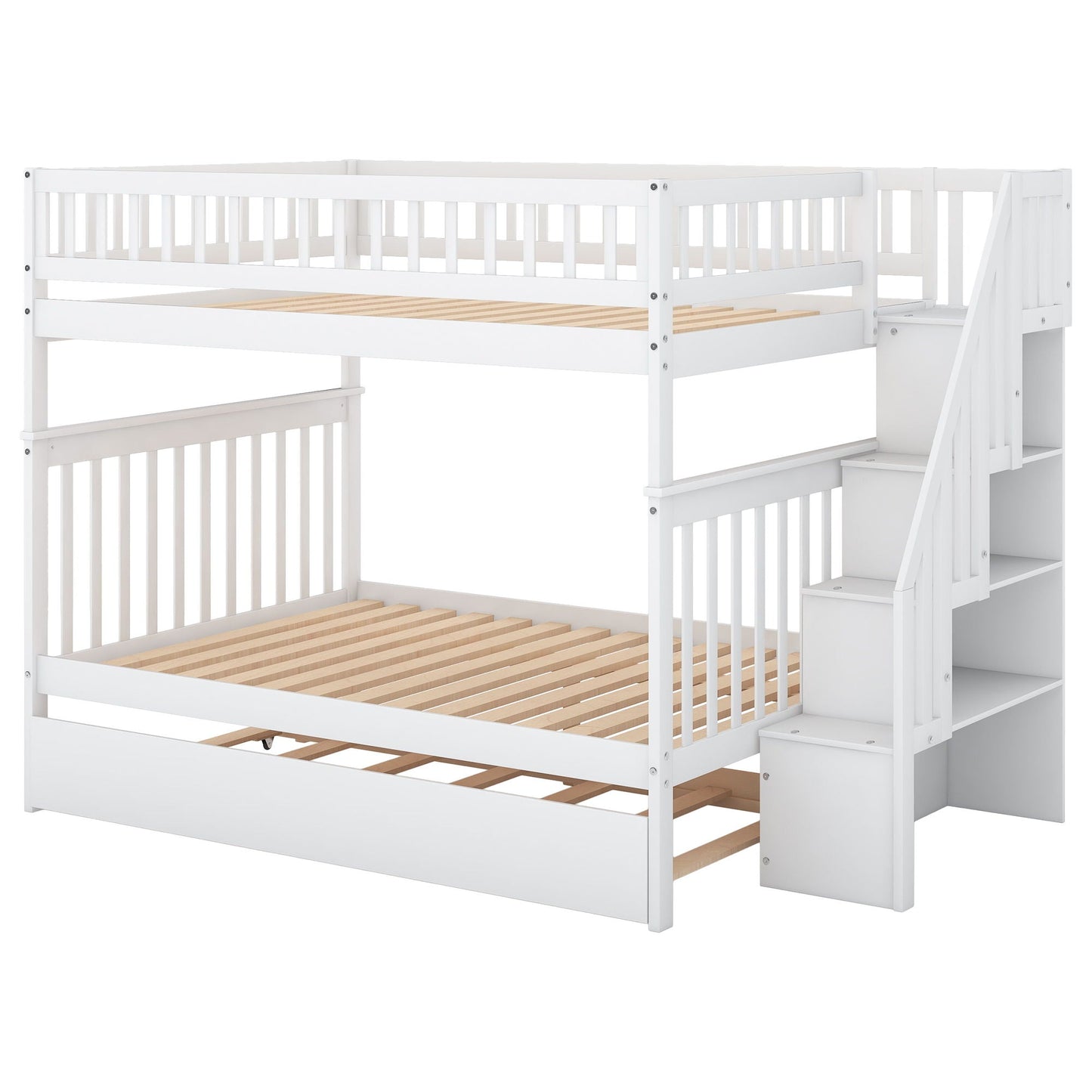 HouseOfZazla white bunk bed with staircase, upper bunk guard rails, lower bunk with slatted base on Tampa Home & Garden Store