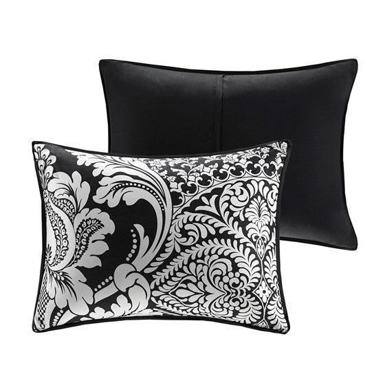 7 Piece Cotton Printed Comforter Set with two pillows: damask pattern and black pillow on Tampa Home & Garden Store