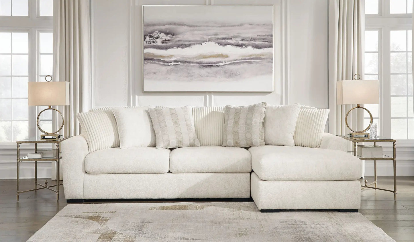 Chessington stationary sectional sofa by Unique Piece Furniture in beige fabric with cushions on Tampa Home & Garden Store