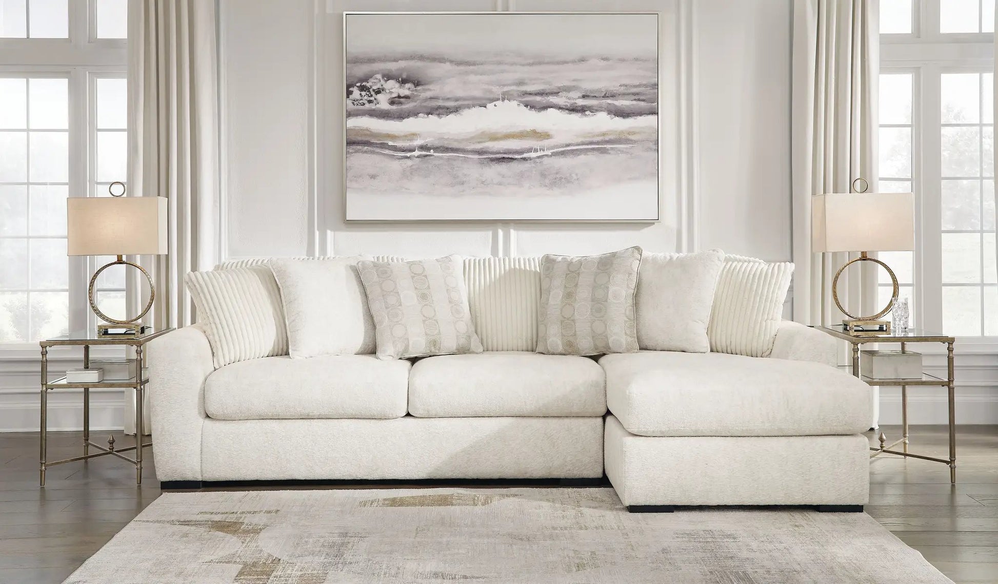 Chessington stationary sectional sofa by Unique Piece Furniture in beige fabric with cushions on Tampa Home & Garden Store