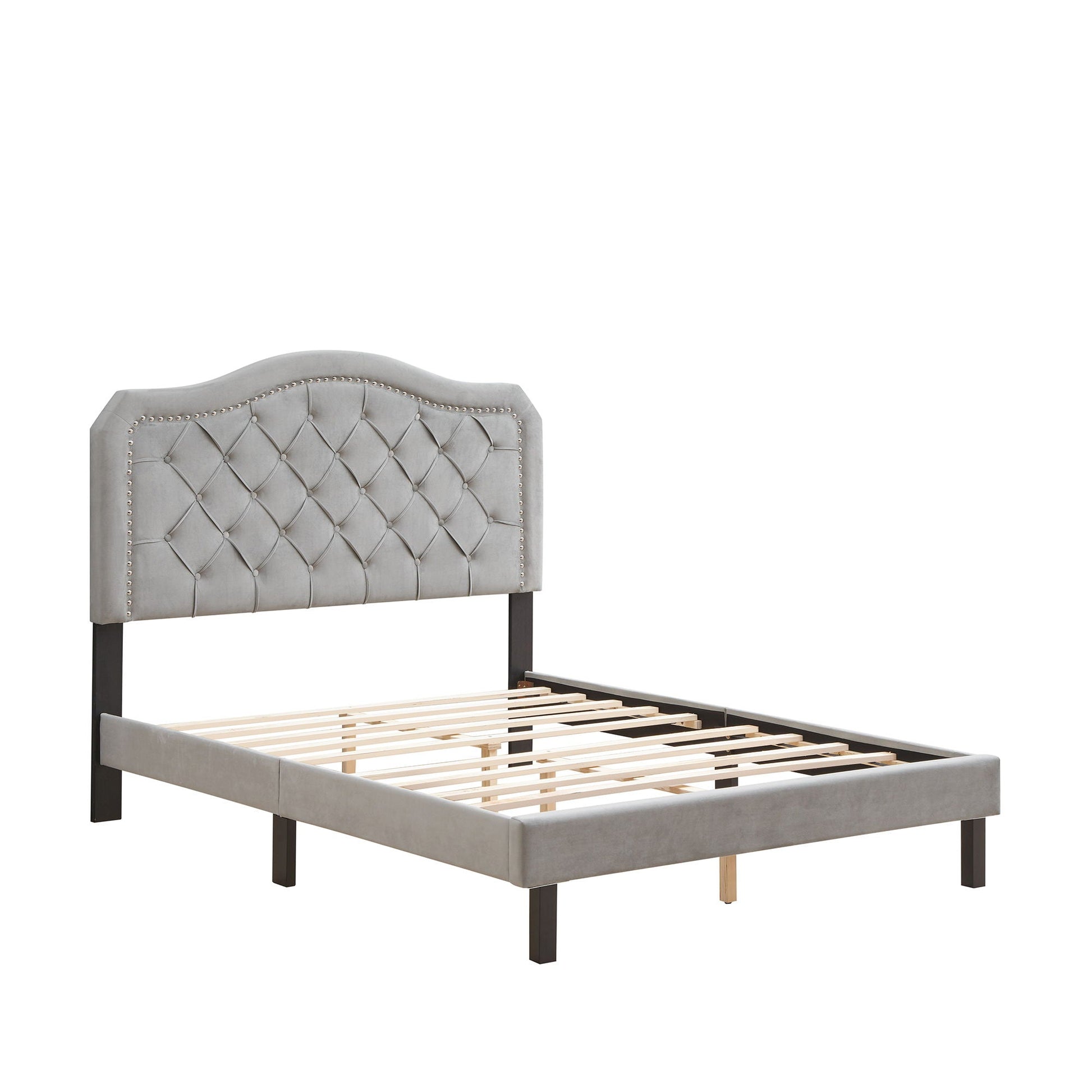 Queen platform bed with curved, button-tufted gray headboard and slat support by HouseOfZazla on Tampa Home & Garden Store