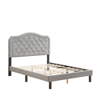 Queen platform bed with curved, button-tufted gray headboard and slat support by HouseOfZazla on Tampa Home & Garden Store