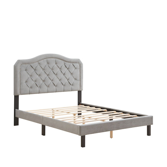 Queen platform bed with curved, button-tufted gray headboard and slat support by HouseOfZazla on Tampa Home & Garden Store