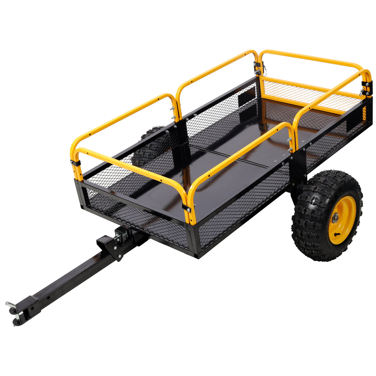 Heavy-Duty Tow-Behind Dump Cart with steel bed and yellow rails, rugged tires on Tampa Home & Garden Store