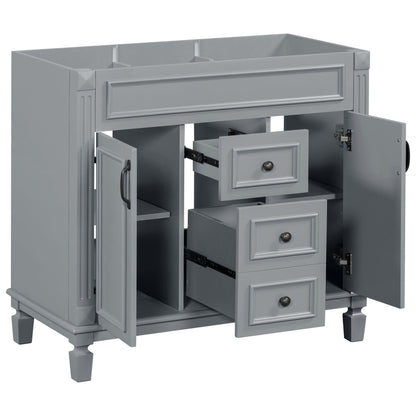 Vanity base in gray with paneled drawers and doors; storage shown on Tampa Home & Garden Store