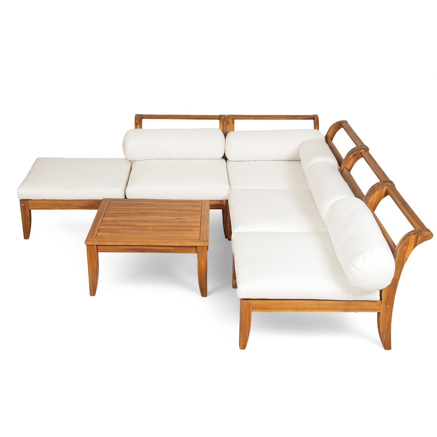 6 Piece Acacia Wood Outdoor Modular Sectional with Daybed and Tea Table, white cushions on Tampa Home & Garden Store
