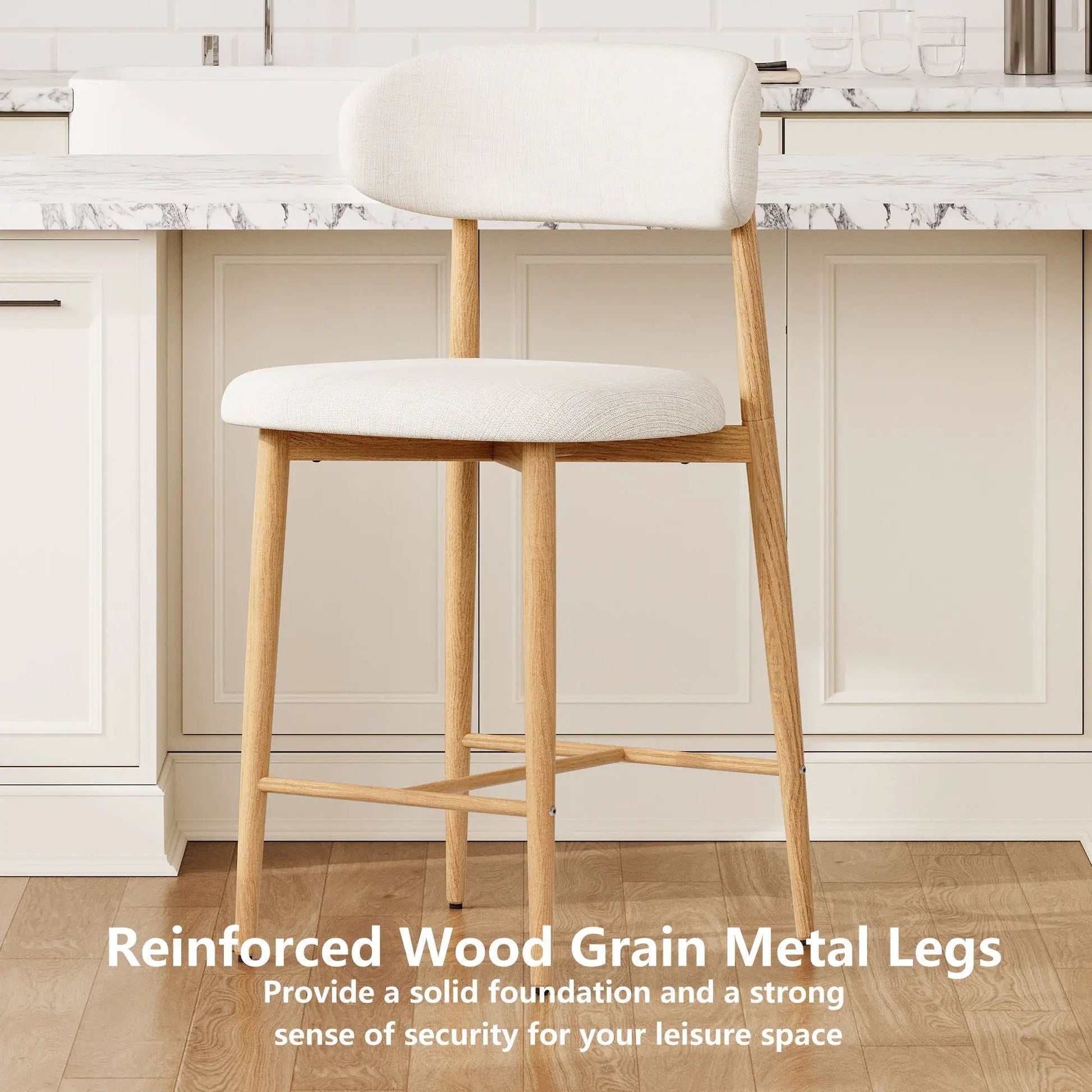 Upholstered counter-height bar stools set of 2 in beige fabric with light wood legs on Tampa Home & Garden Store