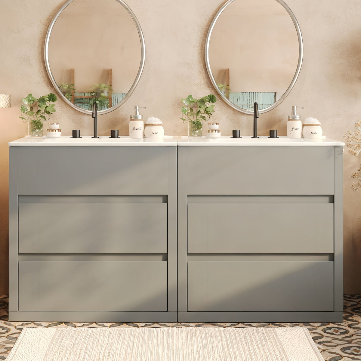 Wood double sink bathroom vanity with gray cabinet, two sinks, and black faucets on Tampa Home & Garden Store