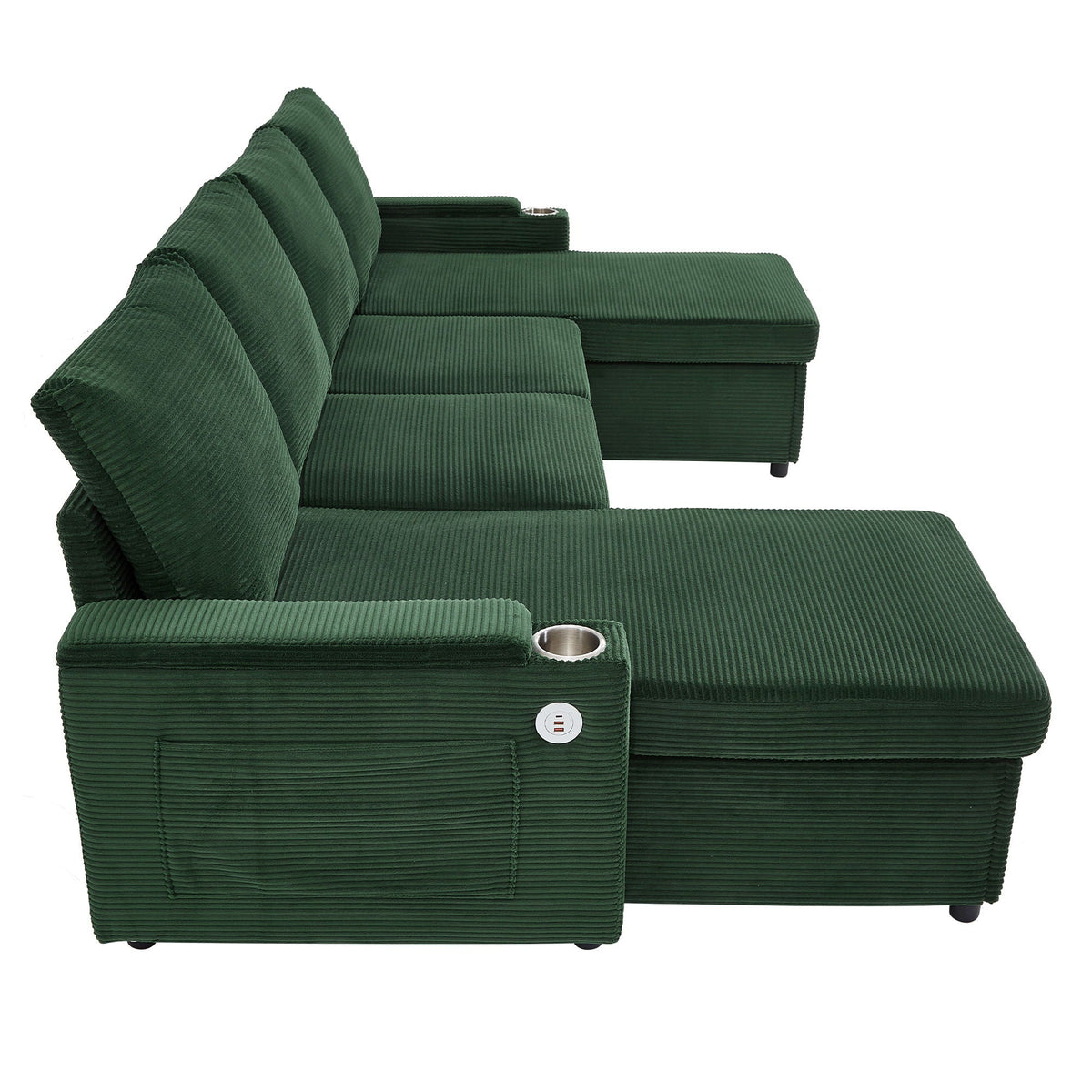 Green corduroy U-shaped sleeper sectional with cup holders and USB ports by HouseOfZazla on Tampa Home & Garden Store