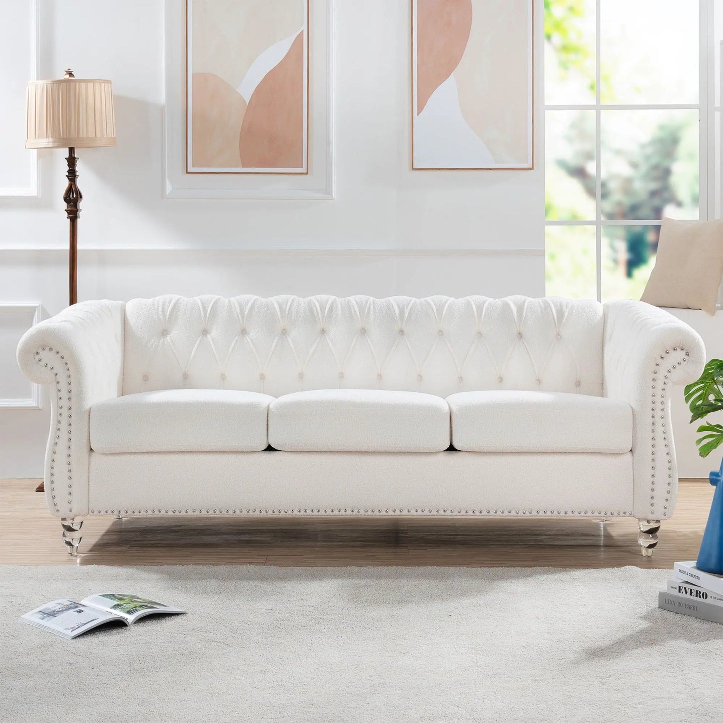 Rolled Arm Chesterfield 3 Seater Sofa white tufted upholstery with nailhead trim on Tampa Home & Garden Store