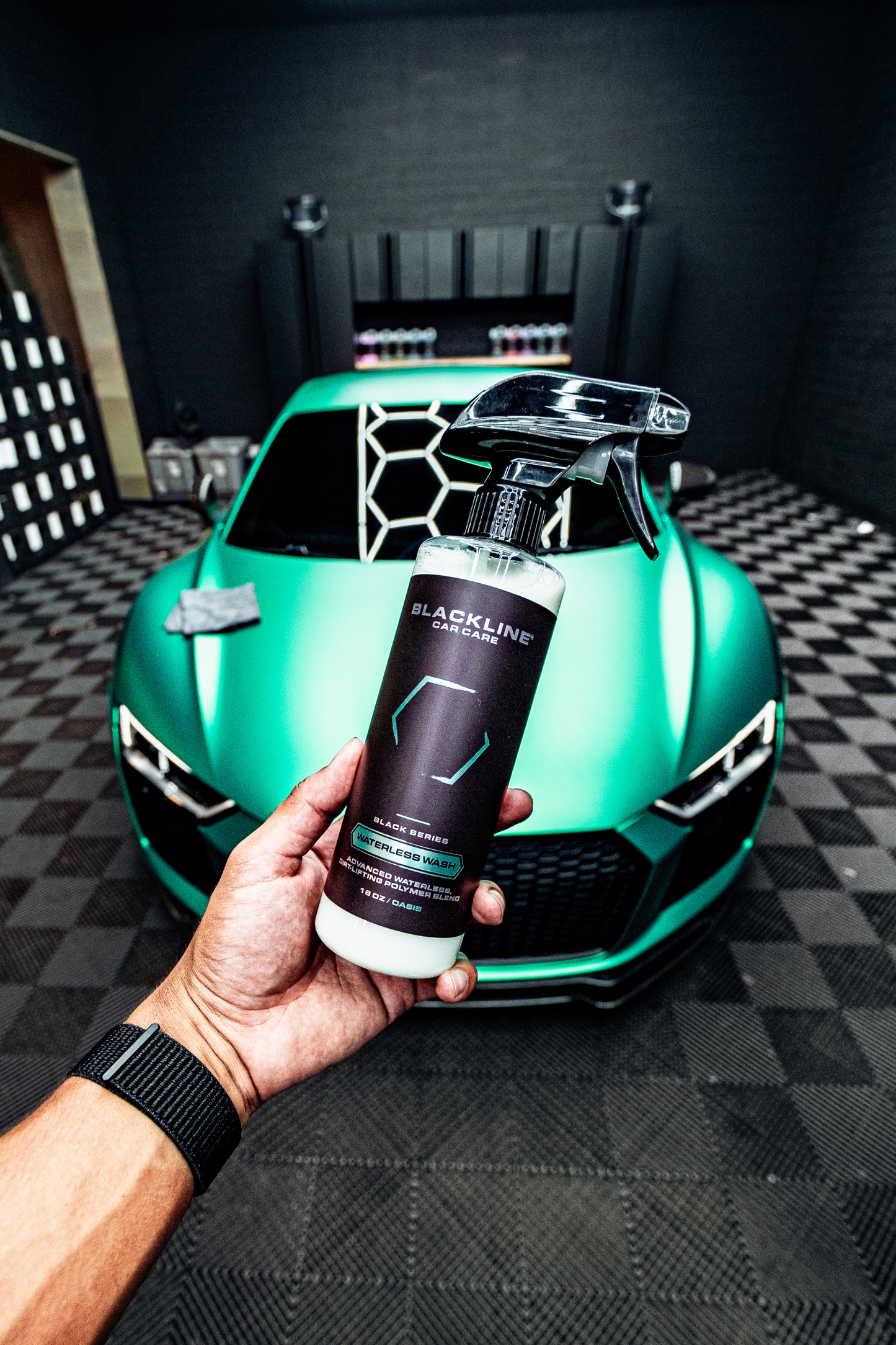 BLACKLINE Waterless Wash spray bottle, white bottle with black label, in front of a green car on Tampa Home & Garden Store