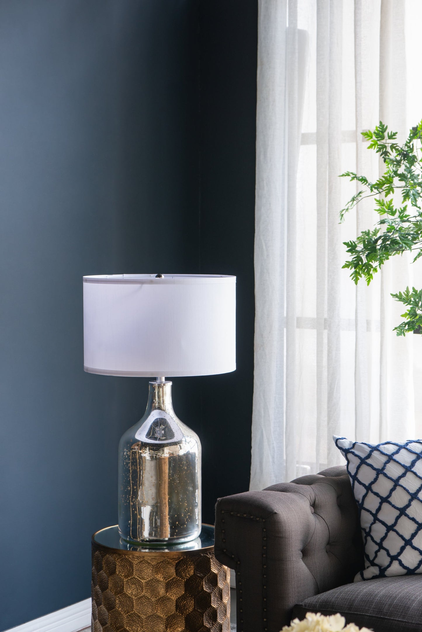 Table lamp silver round with white fabric shade, clear glass bottle base HouseOfZazla on Tampa Home & Garden Store