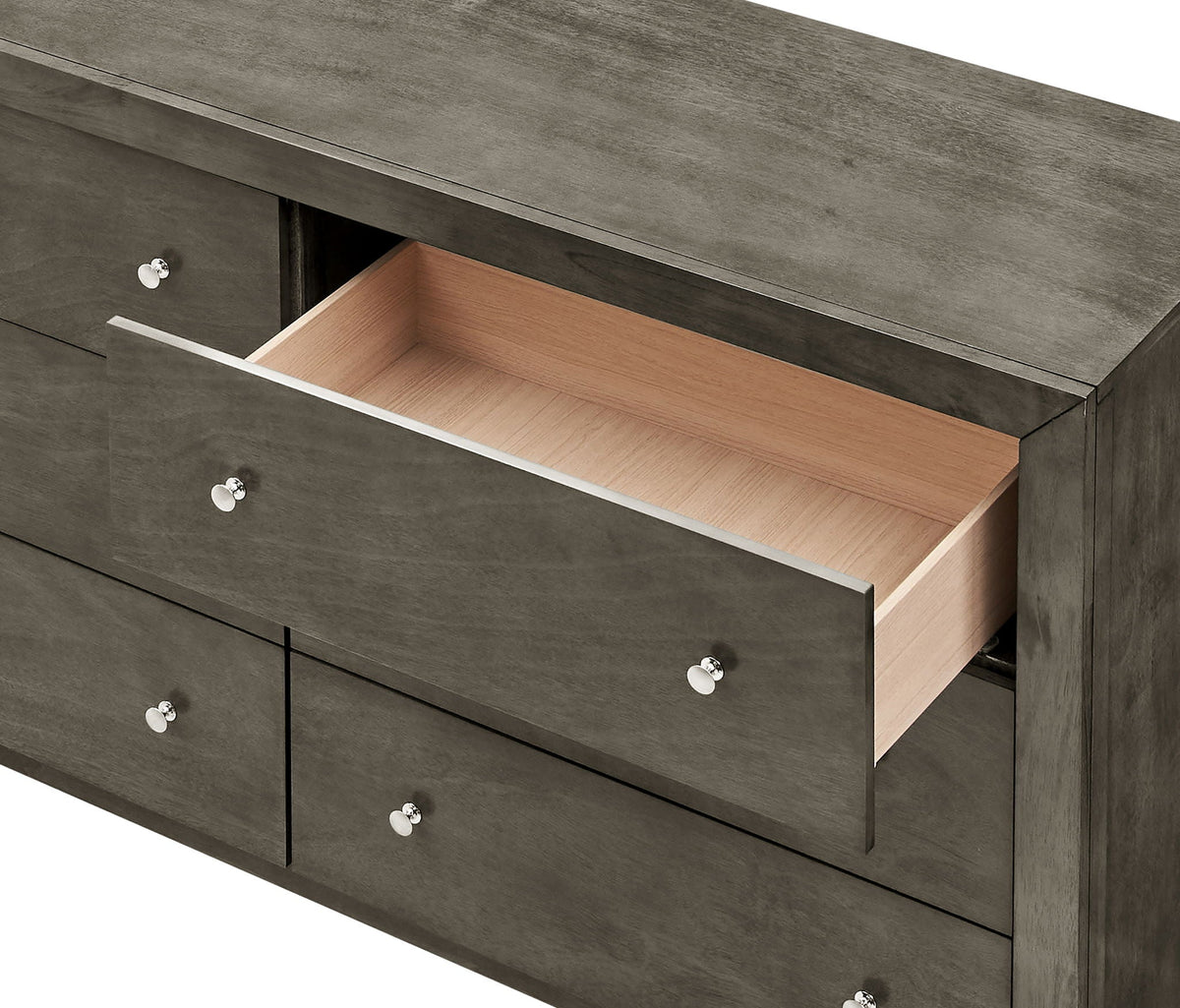 Burlington gray dresser with chrome round knobs and light wood interior on Tampa Home & Garden Store