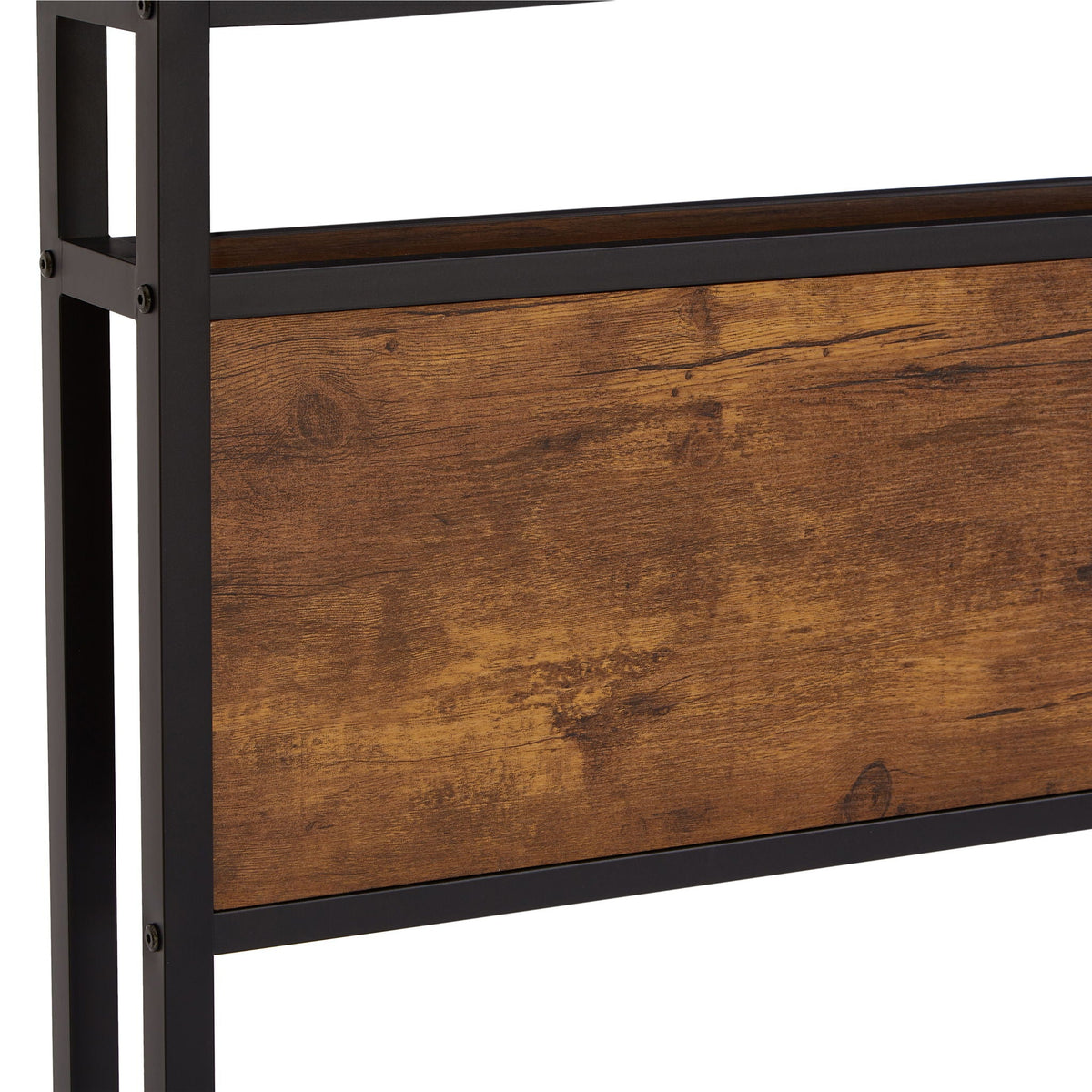 Close-up of a black metal platform bed frame with woodgrain headboard and footboard panels on Tampa Home & Garden Store