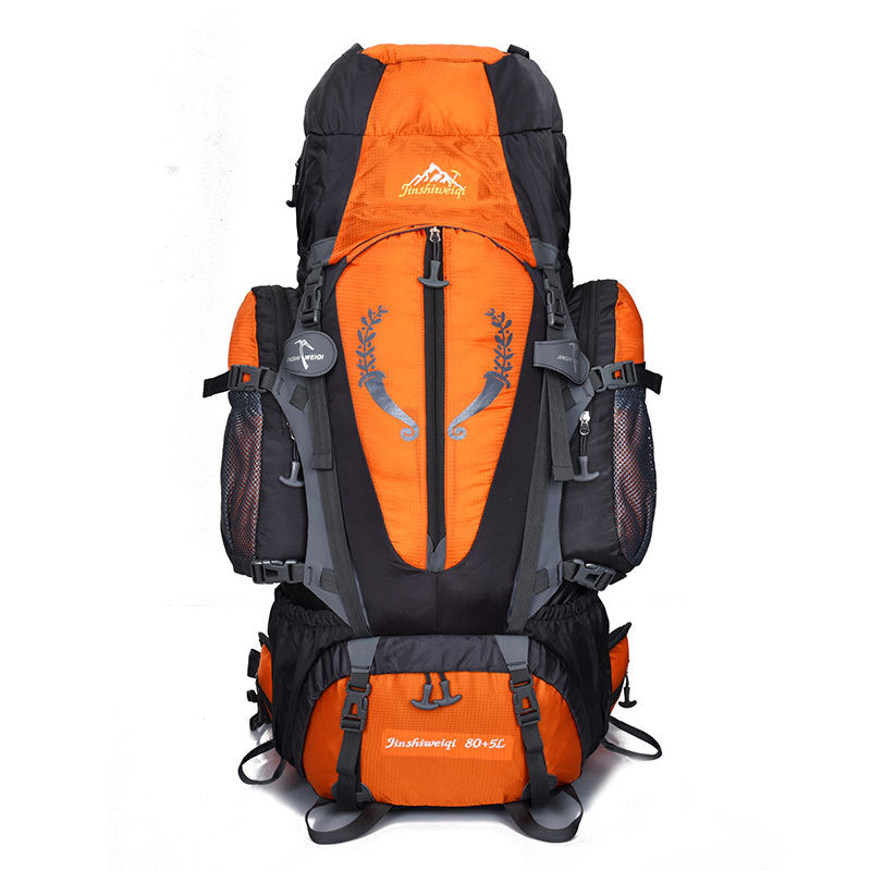 Professional mountaineering backpack 80L orange/black with front zip and side pockets on Tampa Home & Garden Store