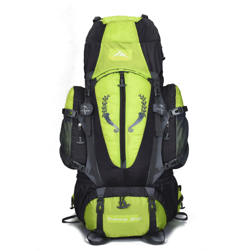 Outdoor mountaineering backpack 80L-85L in lime green and black with multiple pockets and adjustable straps on Tampa Home & Garden Store