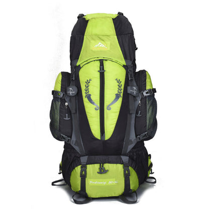 Outdoor mountaineering backpack 80L-85L in lime green and black with multiple pockets and adjustable straps on Tampa Home & Garden Store