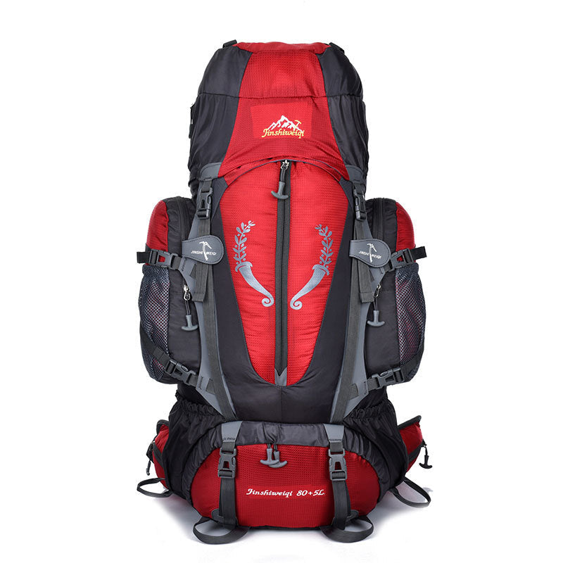 Professional mountaineering backpack 80L red and black with adjustable straps and side pockets on Tampa Home & Garden Store
