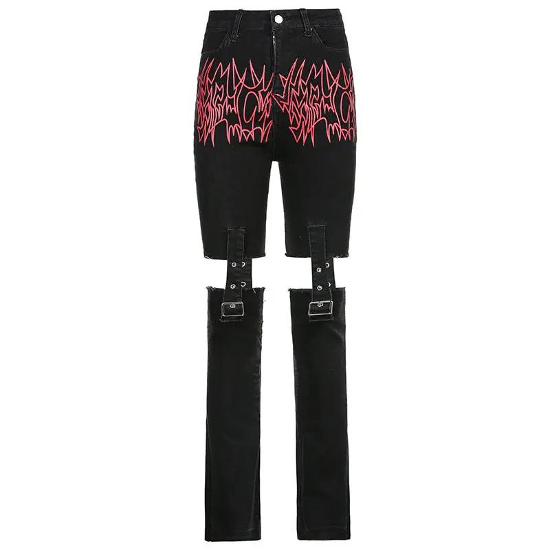 Trendy high-rise black denim jeans with stitchable metal buckle and leg-strap accents on Tampa Home & Garden Store