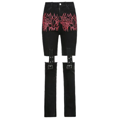 Trendy high-rise black denim jeans with stitchable metal buckle and leg-strap accents on Tampa Home & Garden Store