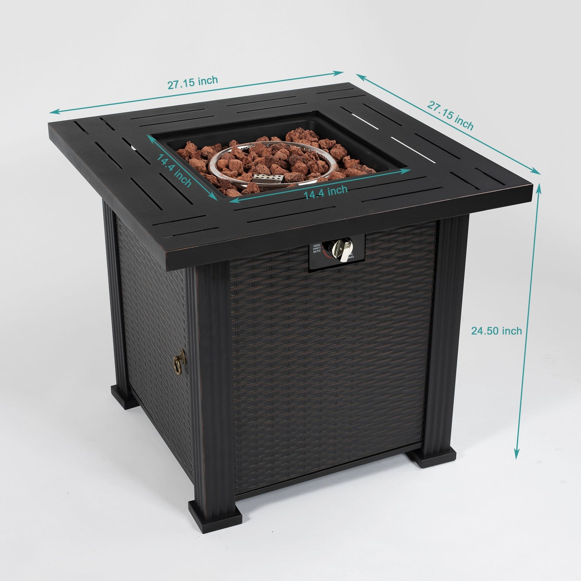 28-inch propane gas fire pit table in black steel with 50,000 BTU burner and lava rocks on Tampa Home & Garden Store