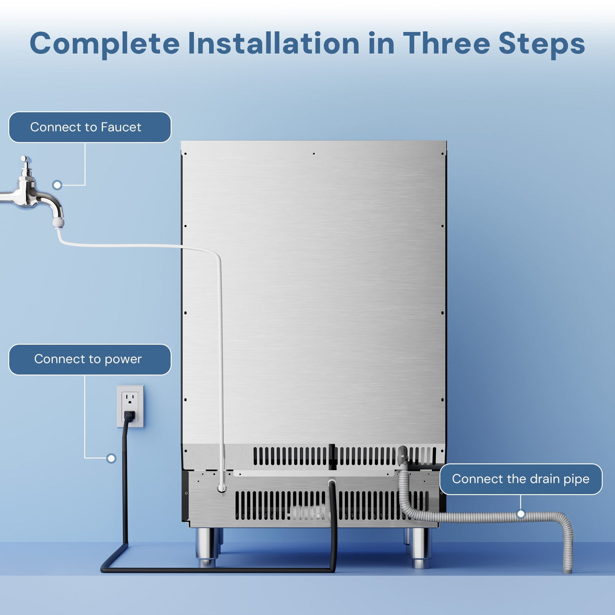 Kismile 265-lb Ice Maker, stainless steel, power drain lines visible on Tampa Home & Garden Store