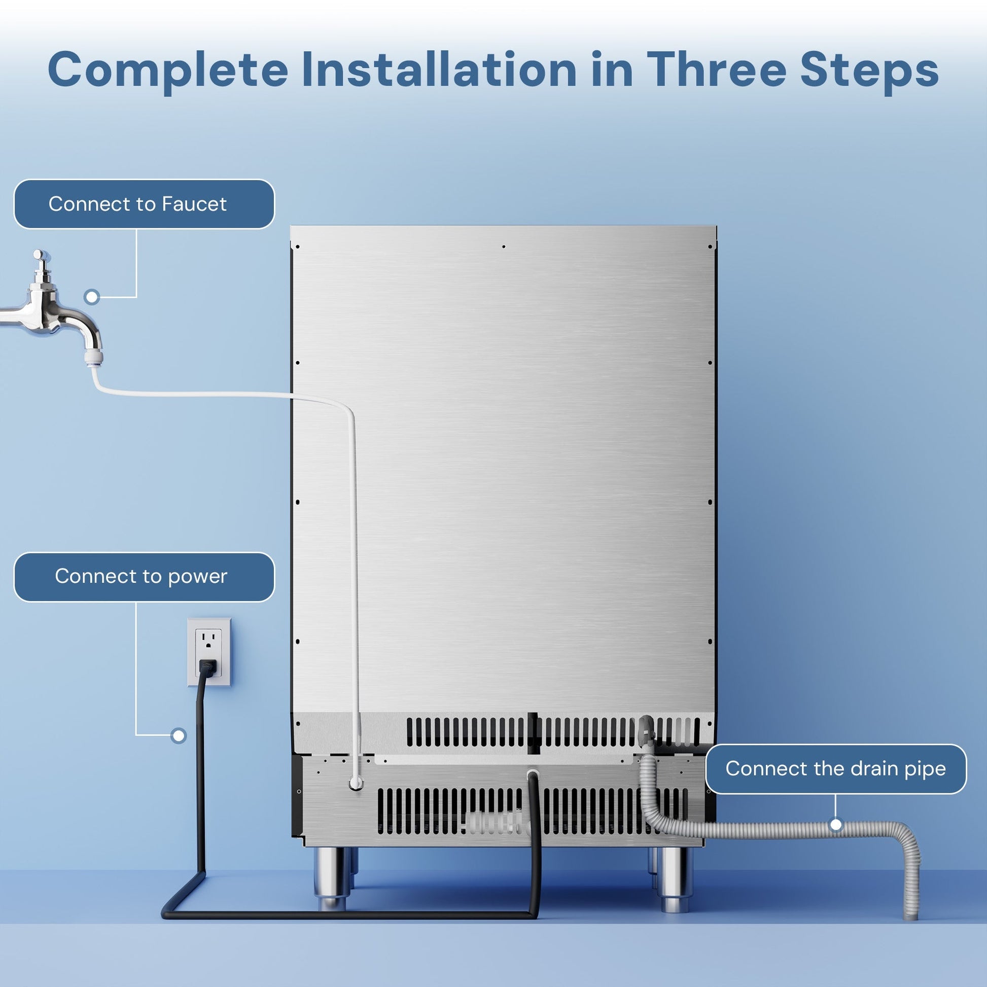 Kismile 265-lb Ice Maker, stainless steel, power drain lines visible on Tampa Home & Garden Store