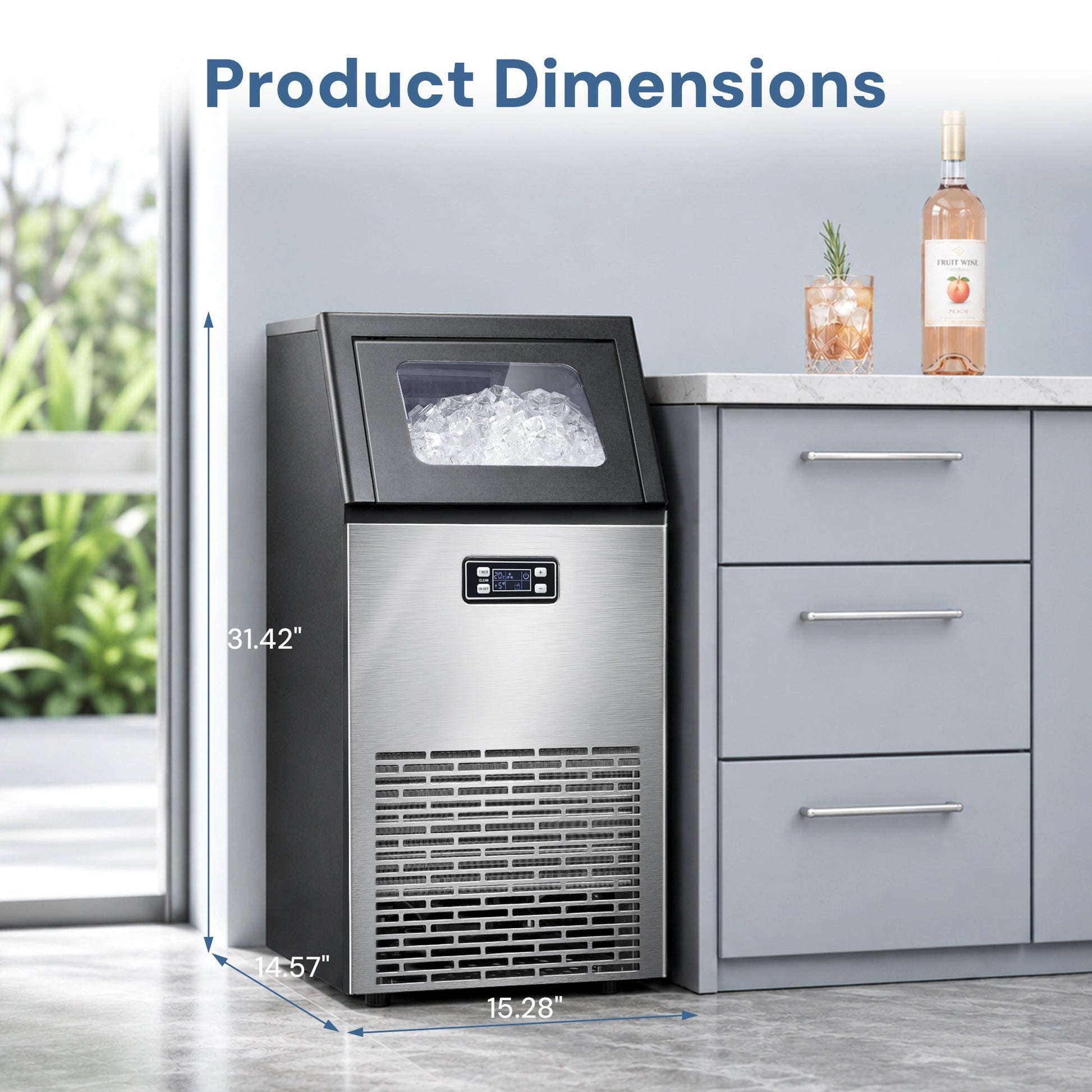Kismile 200 Lbs Ice Maker Z5895 stainless steel with ice in window beside wine bottle on Tampa Home & Garden Store