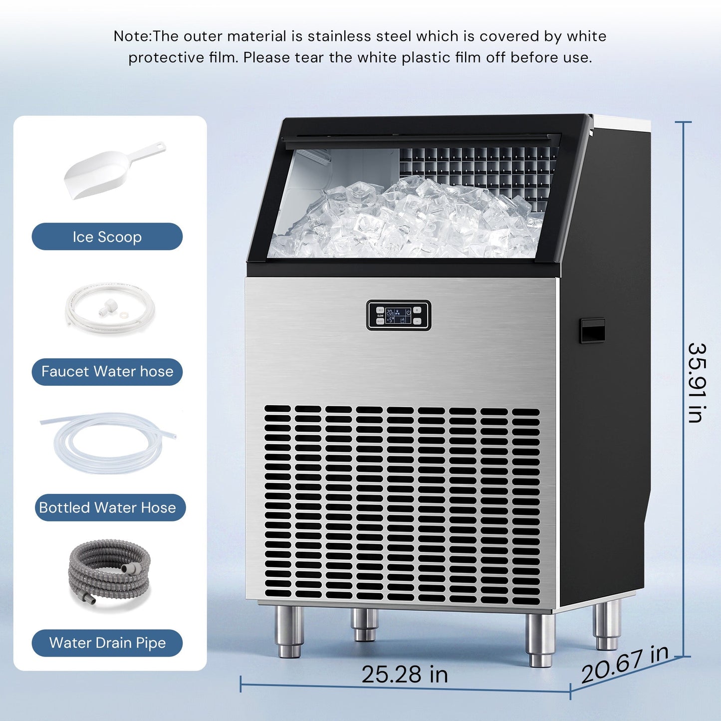 Kismile 200 Lbs Freestanding Commercial Ice Maker Z5895 with stainless steel body and ice inside on Tampa Home & Garden Store