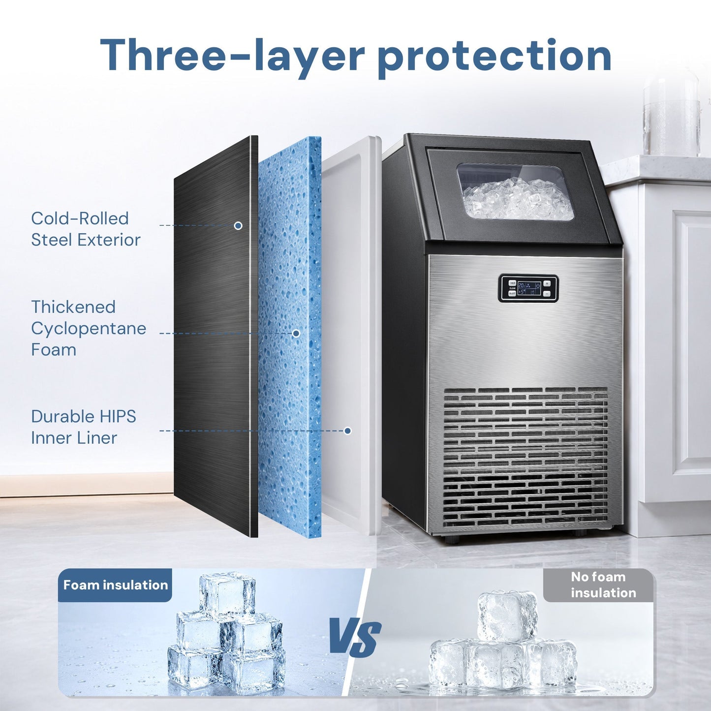 Kismile 200 Lbs Freestanding Ice Maker Z5895 with stainless steel front; insulated layers on Tampa Home & Garden Store