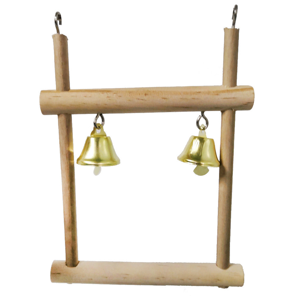 Natural solid wood swing stand with two brass bells hanging from a crossbar on Tampa Home & Garden Store
