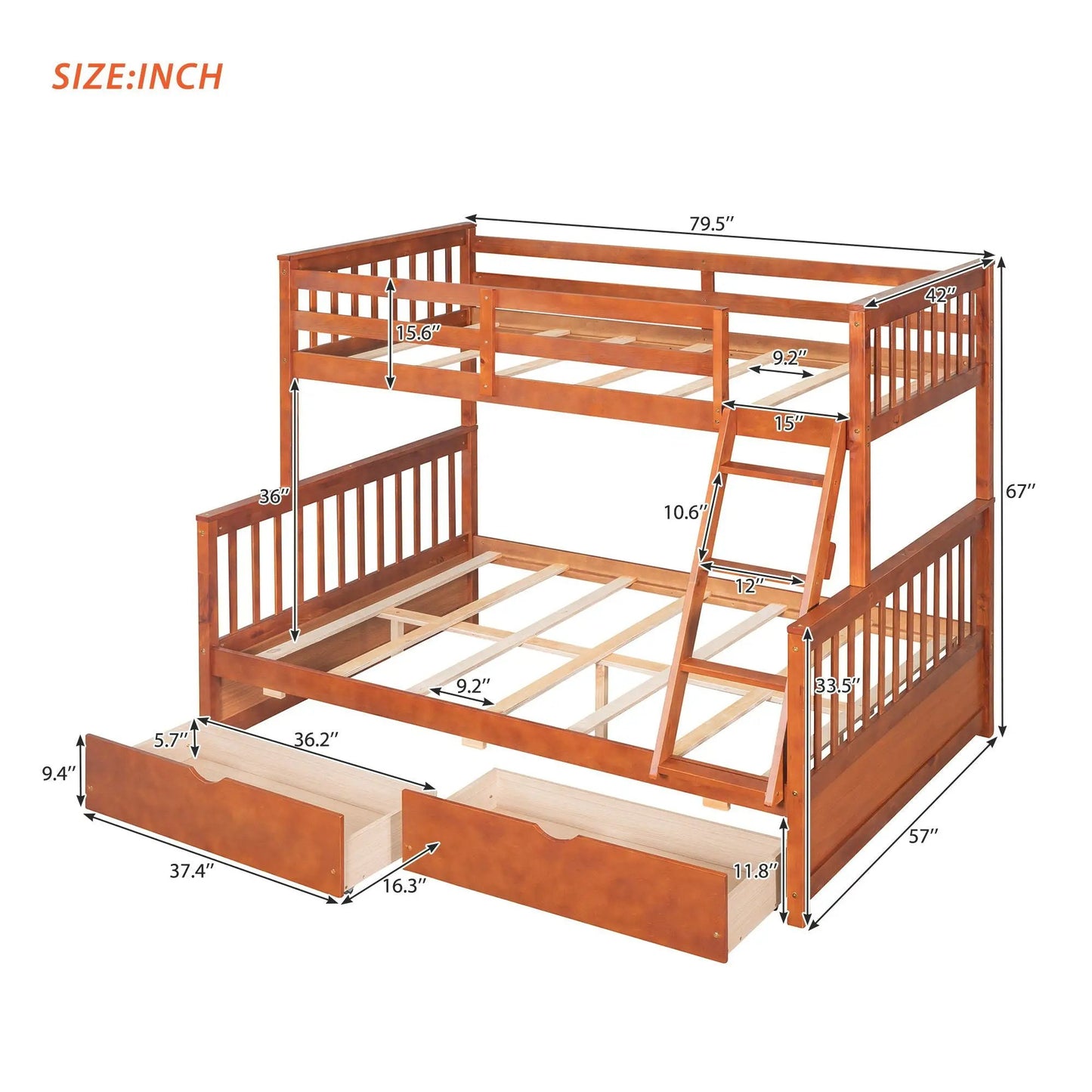 Bunk bed with ladders and 2 storage drawers in warm brown wood by Unique Piece Furniture on Tampa Home & Garden Store