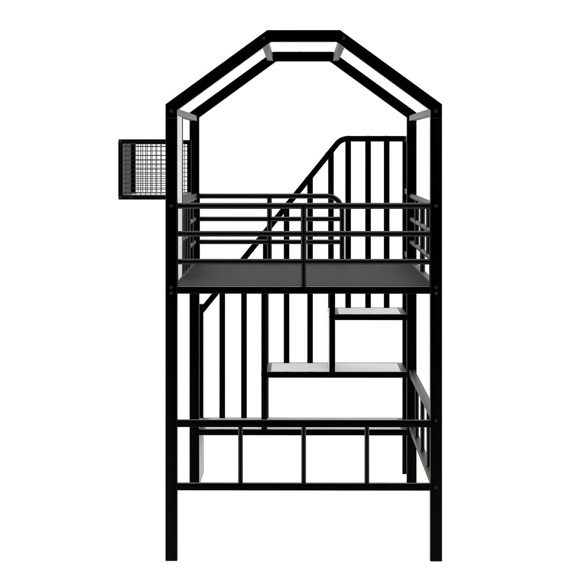 Metal loft bed frame in black with roof, guardrails, integrated ladder, storage box on Tampa Home & Garden Store