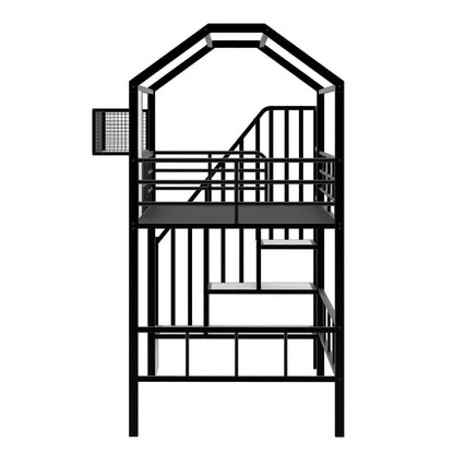 Metal loft bed frame in black with roof, guardrails, integrated ladder, storage box on Tampa Home & Garden Store