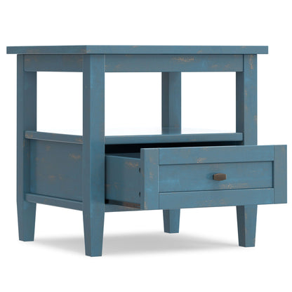 Warm shaker coffee table by HouseOfZazla in blue distressed finish with drawer and lower shelf on Tampa Home & Garden Store