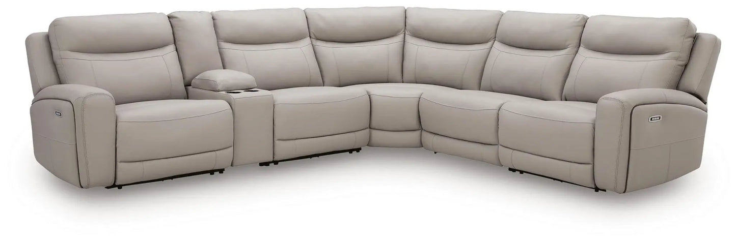 Gravier reclining sectional sofa in light beige leather with center cupholders on Tampa Home & Garden Store