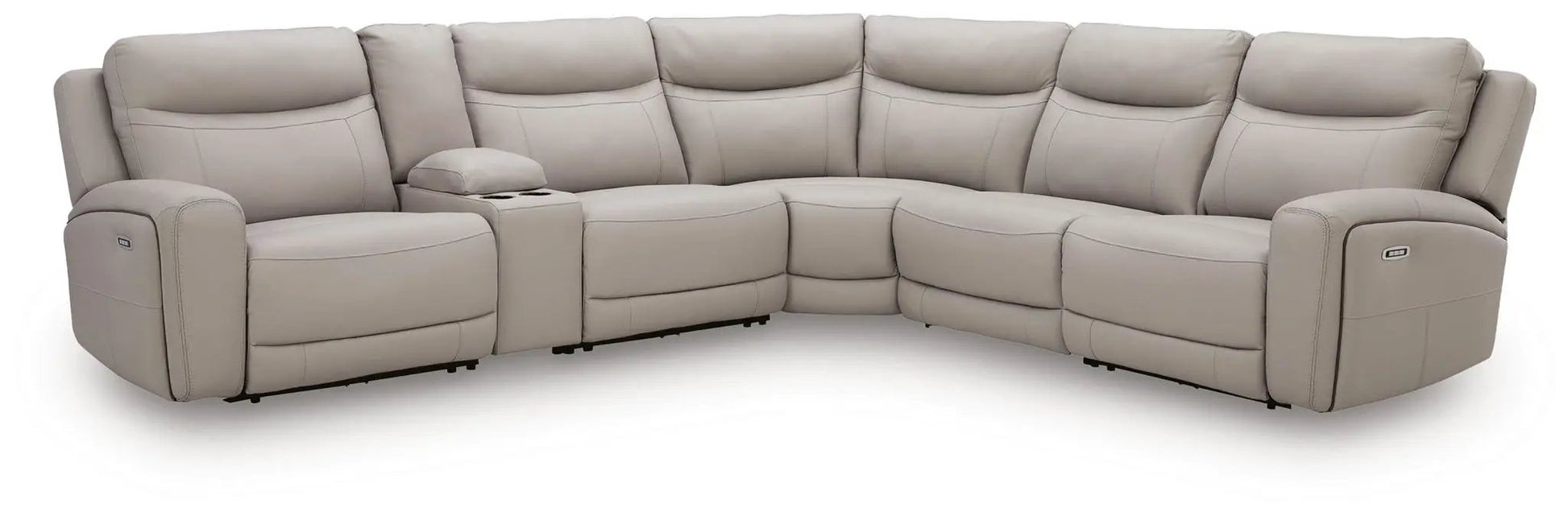 Gravier reclining sectional sofa in light beige leather with center cupholders on Tampa Home & Garden Store
