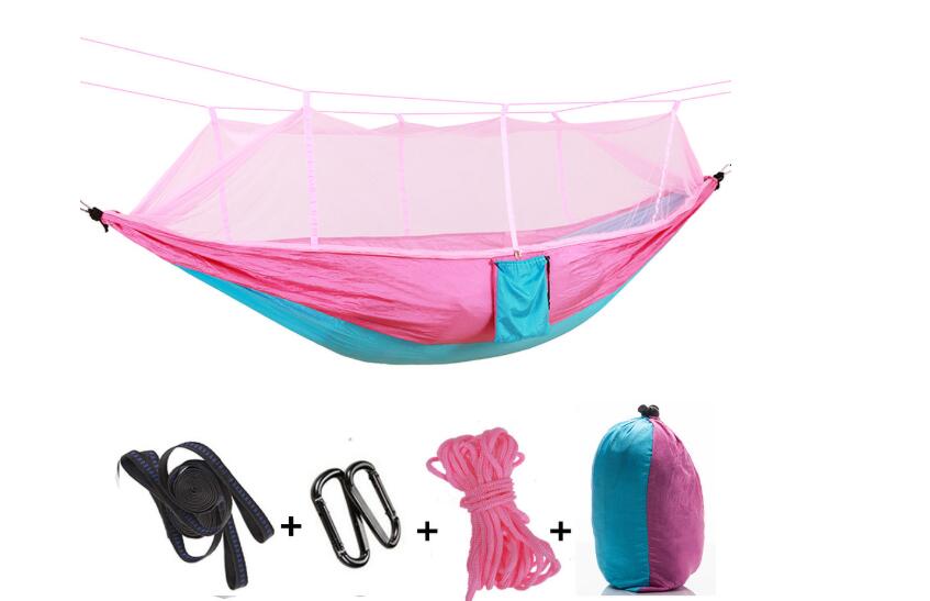 Outdoor hammock by My Store with mosquito net in pink blue, includes straps, carabiners, rope, sack on Tampa Home & Garden Store