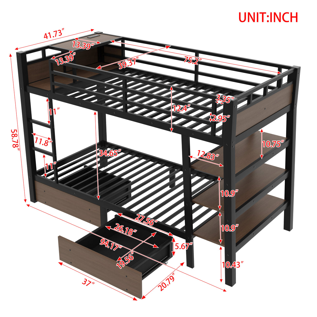 Twin size metal bunk bed with storage shelves, LED strip, and USB power by HouseOfZazla on Tampa Home & Garden Store
