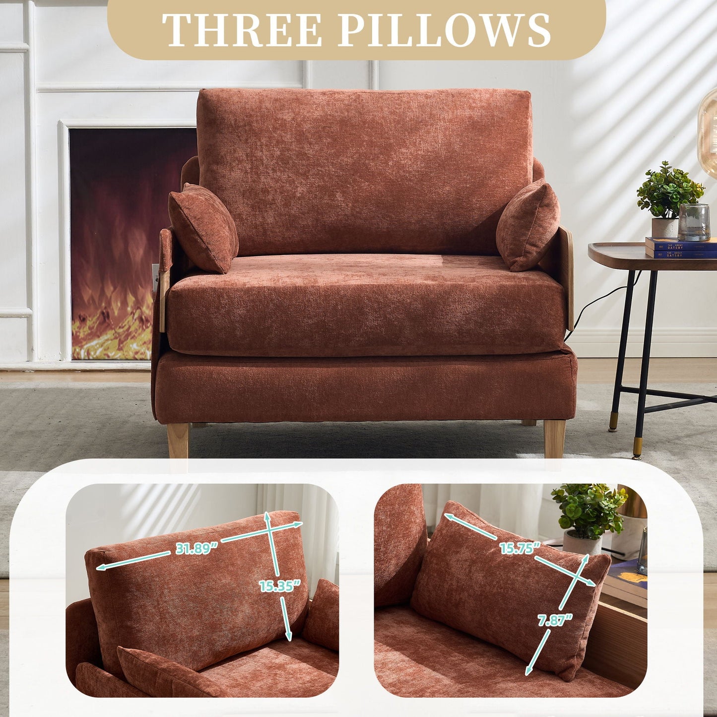 Mid Century Modern 3 Pillow Foldable Sofa Bed