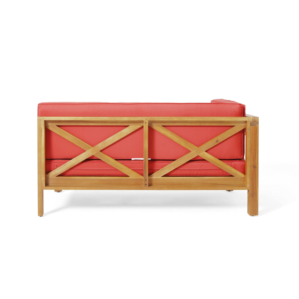 Brava X Back Corner Bench with Coffee Table - Red cushions on natural wood frame, 2-piece set on Tampa Home & Garden Store