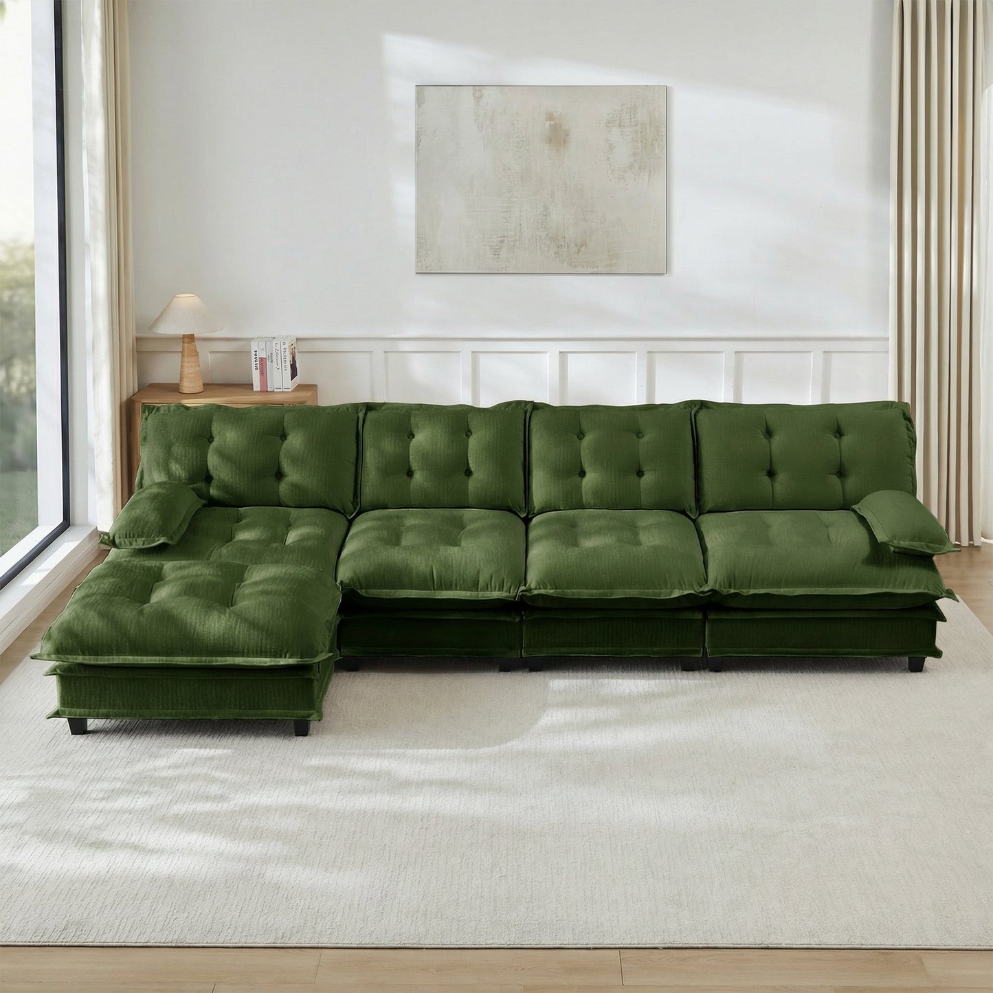 138in L-shaped velvet sofa sectional with ottoman in green HouseOfZazla on Tampa Home & Garden Store