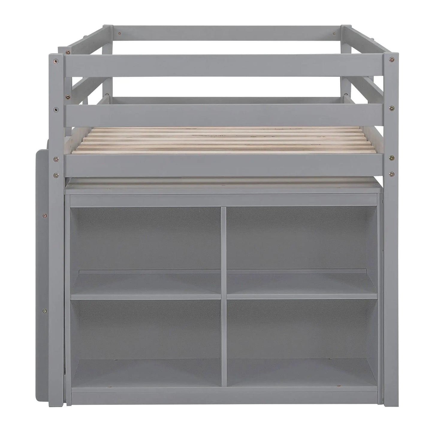 Loft Bed With Retractable Desk And 4 Drawers, gray frame, slatted base, shelves on Tampa Home & Garden Store