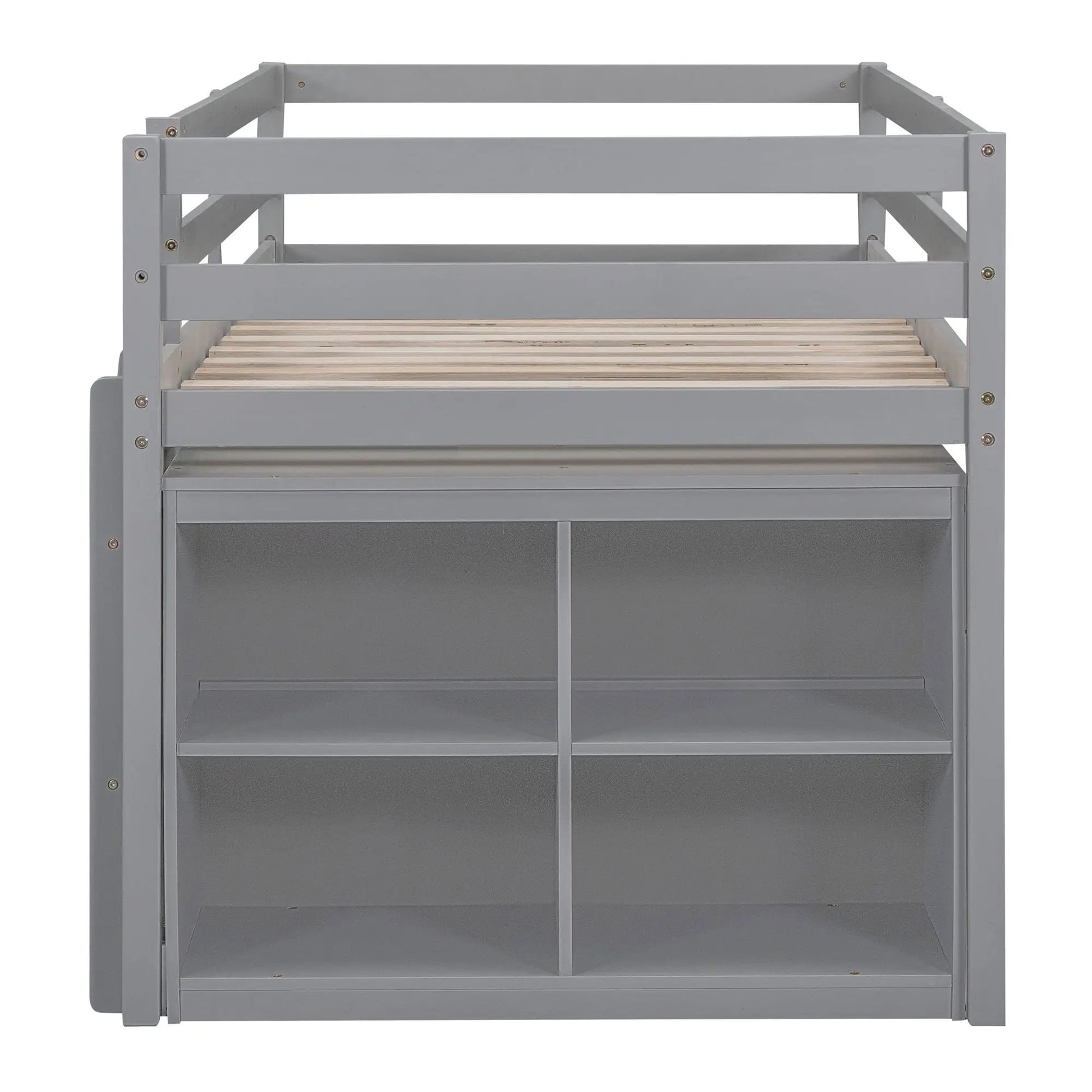 Loft Bed With Retractable Desk And 4 Drawers, gray frame, slatted base, shelves on Tampa Home & Garden Store