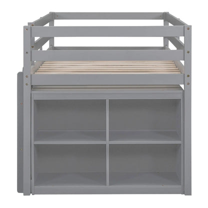 Loft Bed With Retractable Desk And 4 Drawers, gray frame, slatted base, shelves on Tampa Home & Garden Store