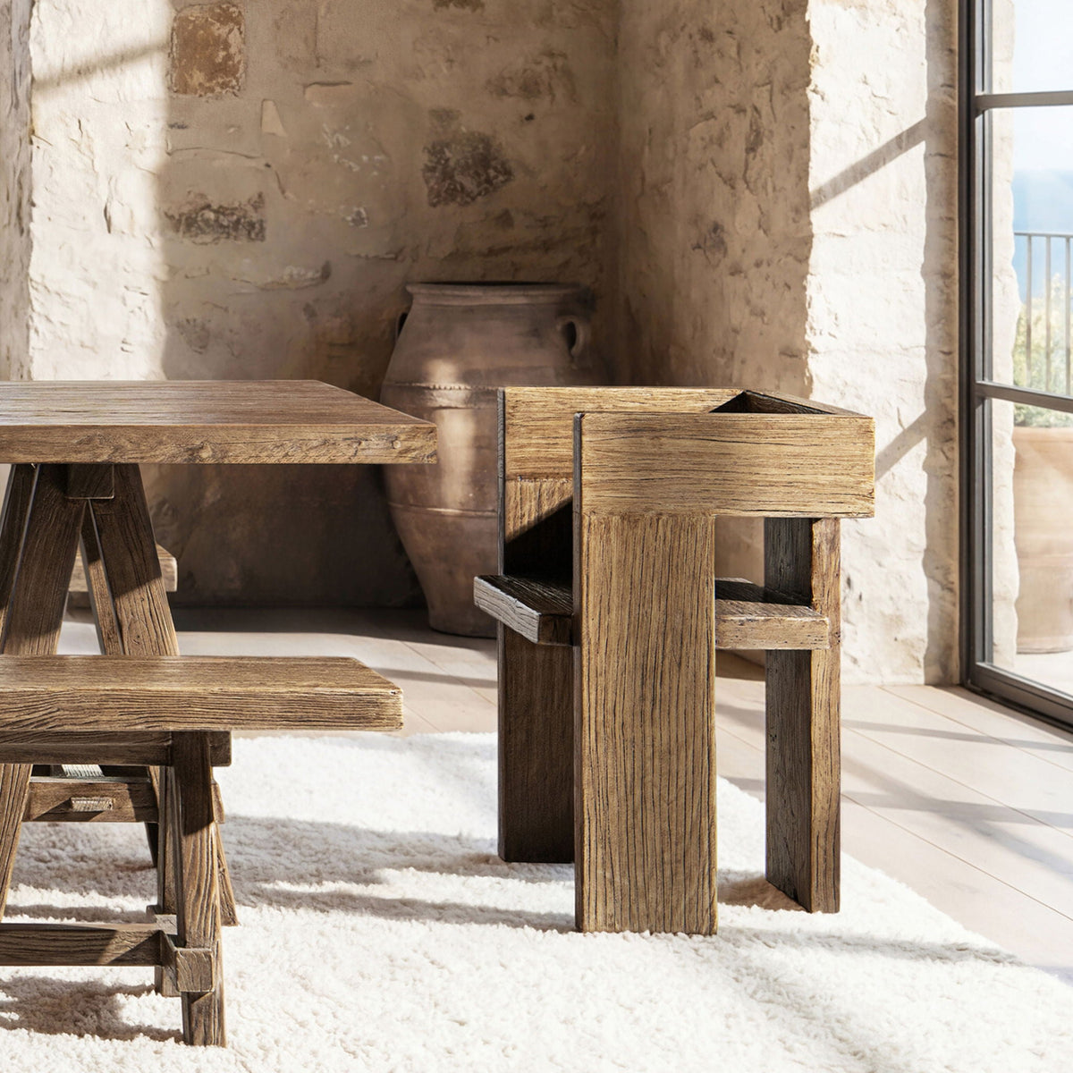 Sculptural block accent chairs in brown reclaimed elm by HouseOfZazla set of 3 on Tampa Home & Garden Store